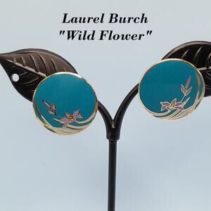 Vintage Laurel Burch Teal Wind Flower Gold Plated Earrings
